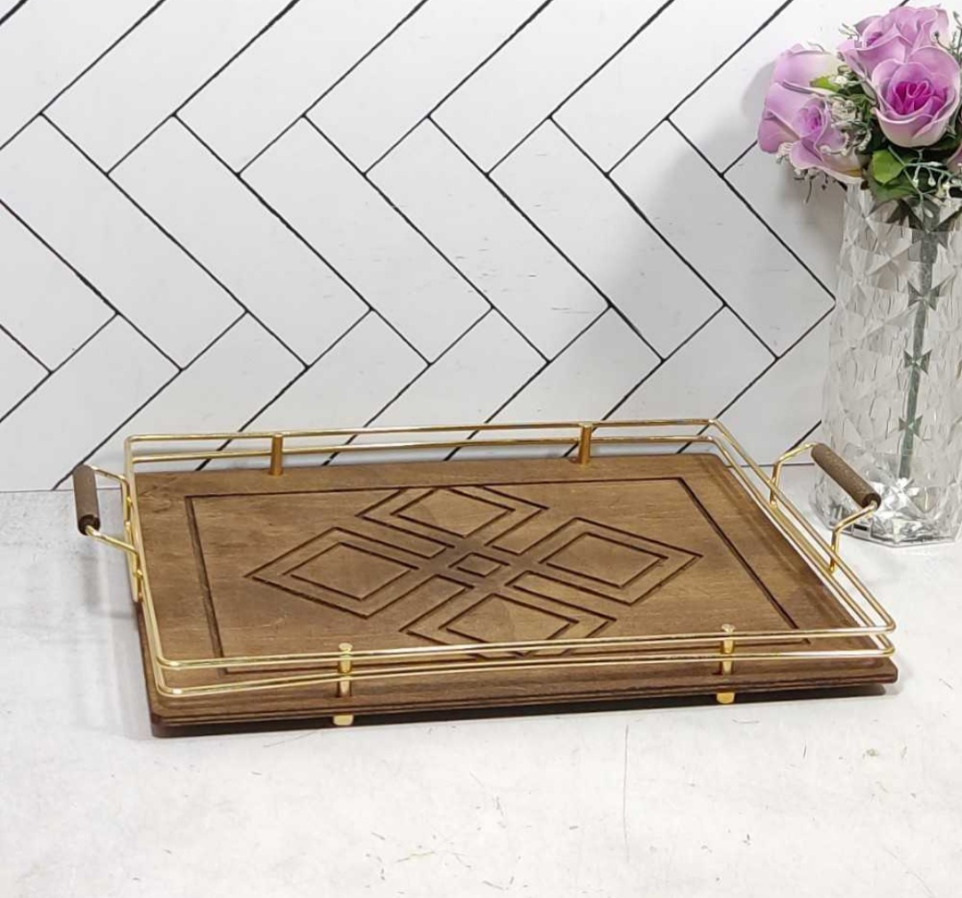 سینی مستطیل کف چوب و فلز طلایی نگین صنعت
