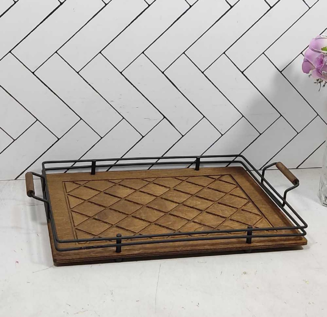 سینی مستطیل کف چوب و فلز مشکی نگین صنعت