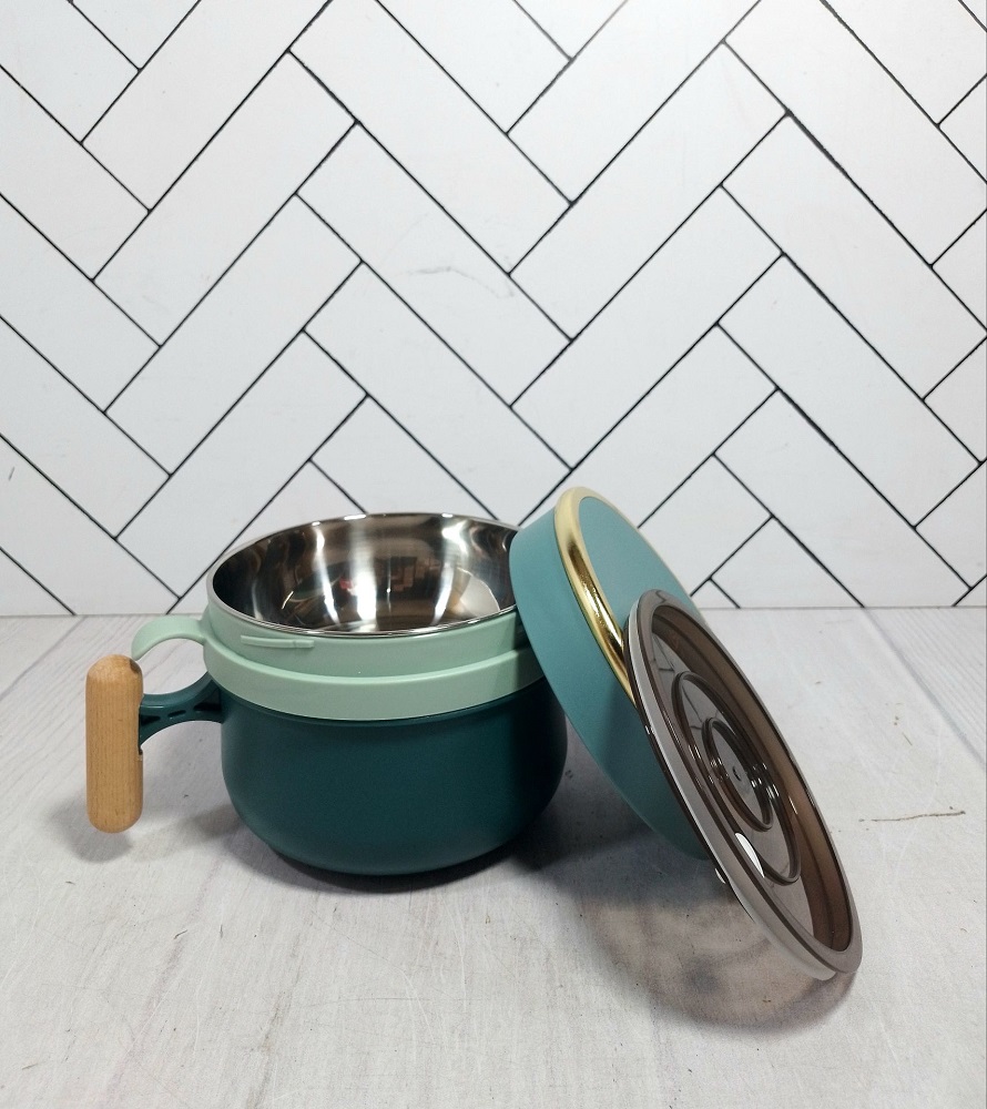 ظرف غذا دو طبقه گرد لانچ باکس داخل استیل دسته چوبی UPXC-533 (رنگ به صورت رندوم)